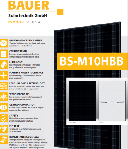 Fotovoltaický solární panel černé barvy BAUER 400 Wp - mírně škrábanec rámu