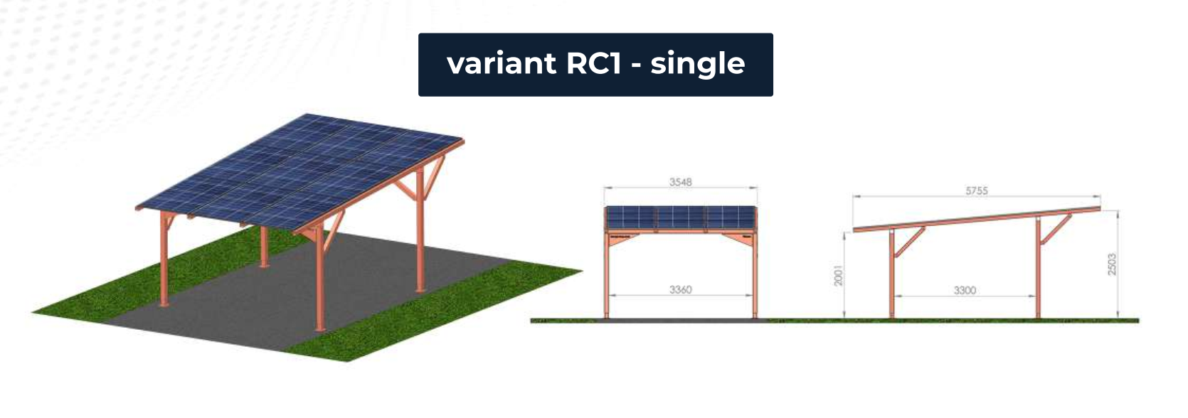 CARPORT - bezpečný přístřešek pro vozidla s výhodou dobíjení solární energií ve variantě RC1 - pro jedno vozidlo